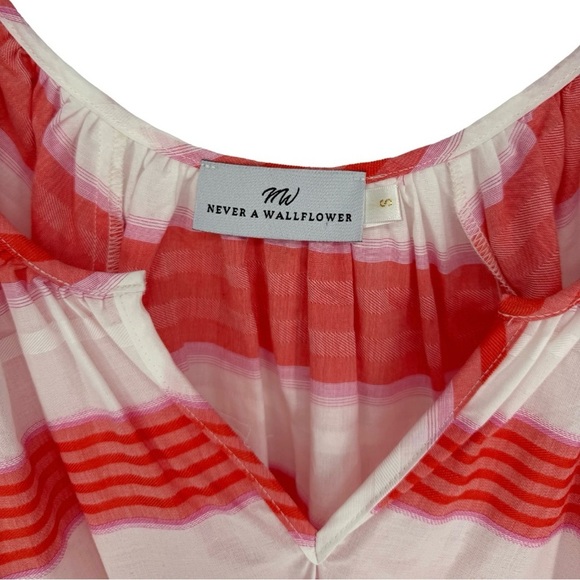 Never A Wallflower Gathered V-Neck Blouse Small Pink Orange Stripe Puff Sleeve‎ - Picture 6 of 8